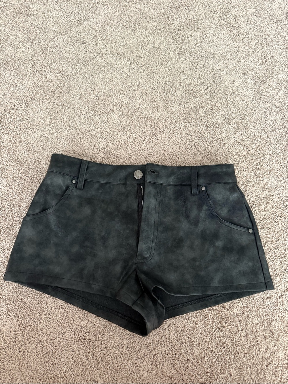 Washed Black Faux-Leather Mini Shorts